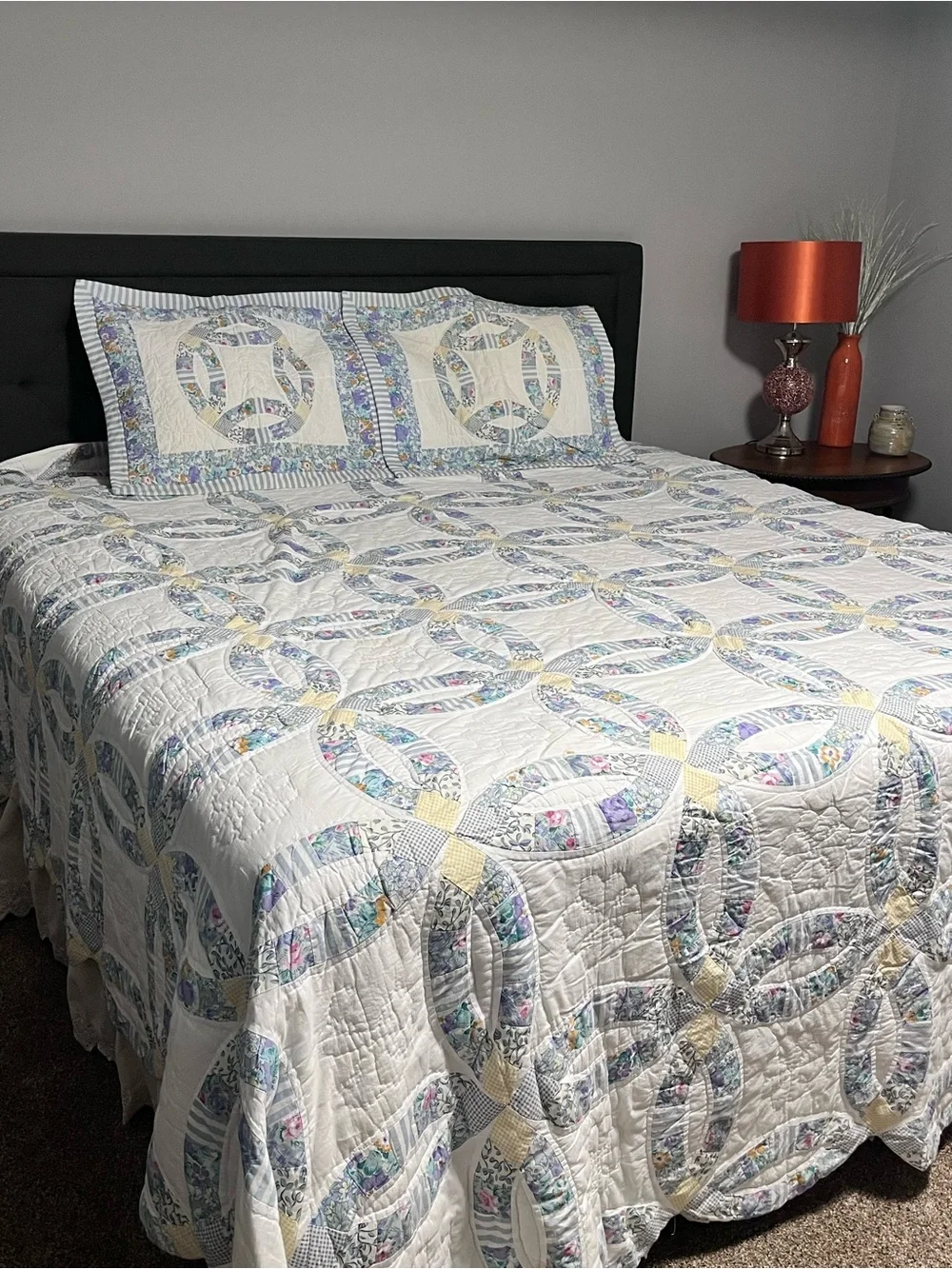 VTG JC Penney double wedding ring quilt 118”x116” king & 2 shams monogrammed